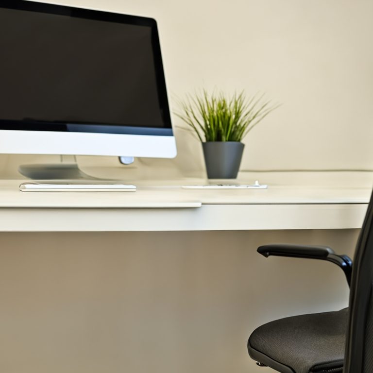 präzise Abrechnung Modern Schreibtisch mit iMac, Tastatur und kleiner Pflanze in einem Topf.